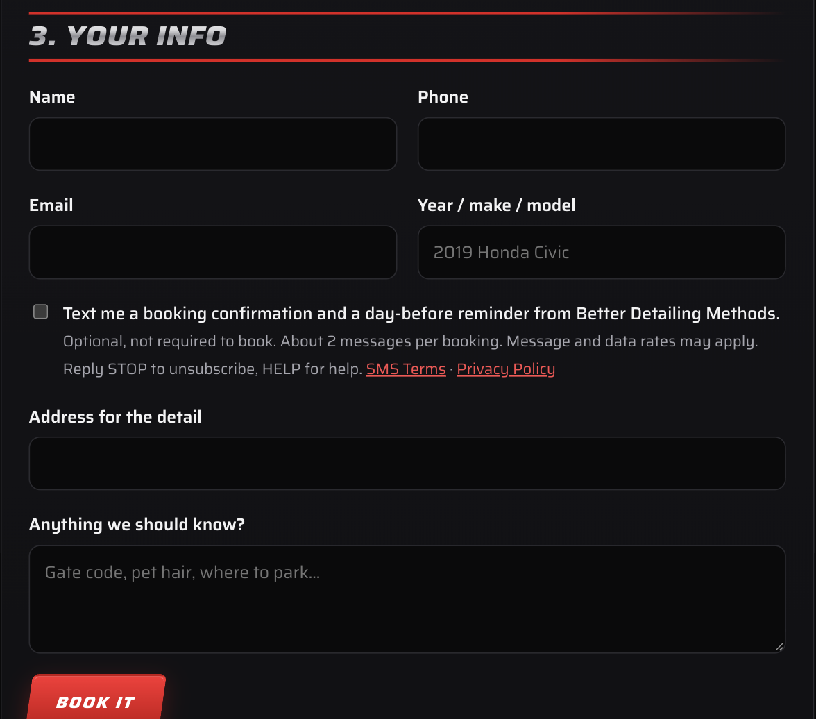 The booking form's optional, unchecked 'Text me a booking confirmation and a day-before reminder from Better Detailing Methods' checkbox, with message frequency, rates, STOP/HELP, and links to these SMS Terms and the Privacy Policy.